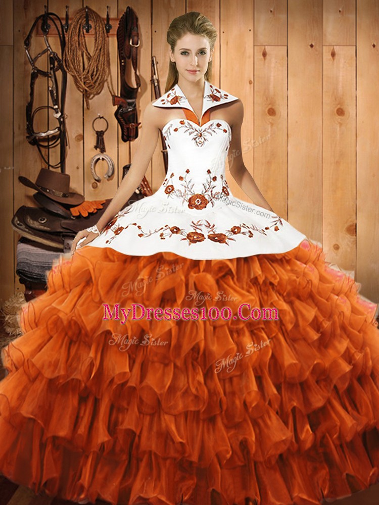 Satin and Organza Sleeveless Floor Length Quinceanera Dress and Embroidery and Ruffled Layers