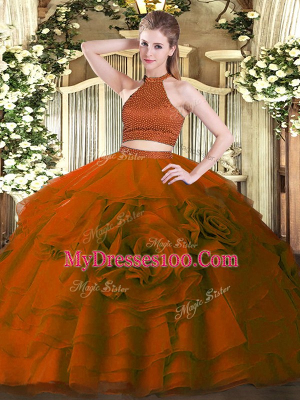 Free and Easy Rust Red Sleeveless Beading and Ruffles Floor Length Sweet 16 Dress