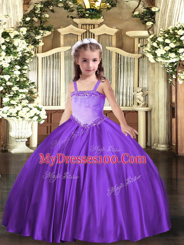 New Arrival Lavender Ball Gowns Satin Straps Sleeveless Appliques Floor Length Lace Up Girls Pageant Dresses