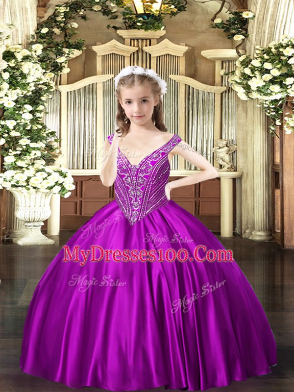 V-neck Sleeveless Lace Up Girls Pageant Dresses Purple Satin