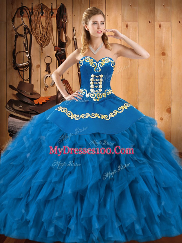 Sumptuous Blue Lace Up Quinceanera Gowns Embroidery and Ruffles Sleeveless Floor Length