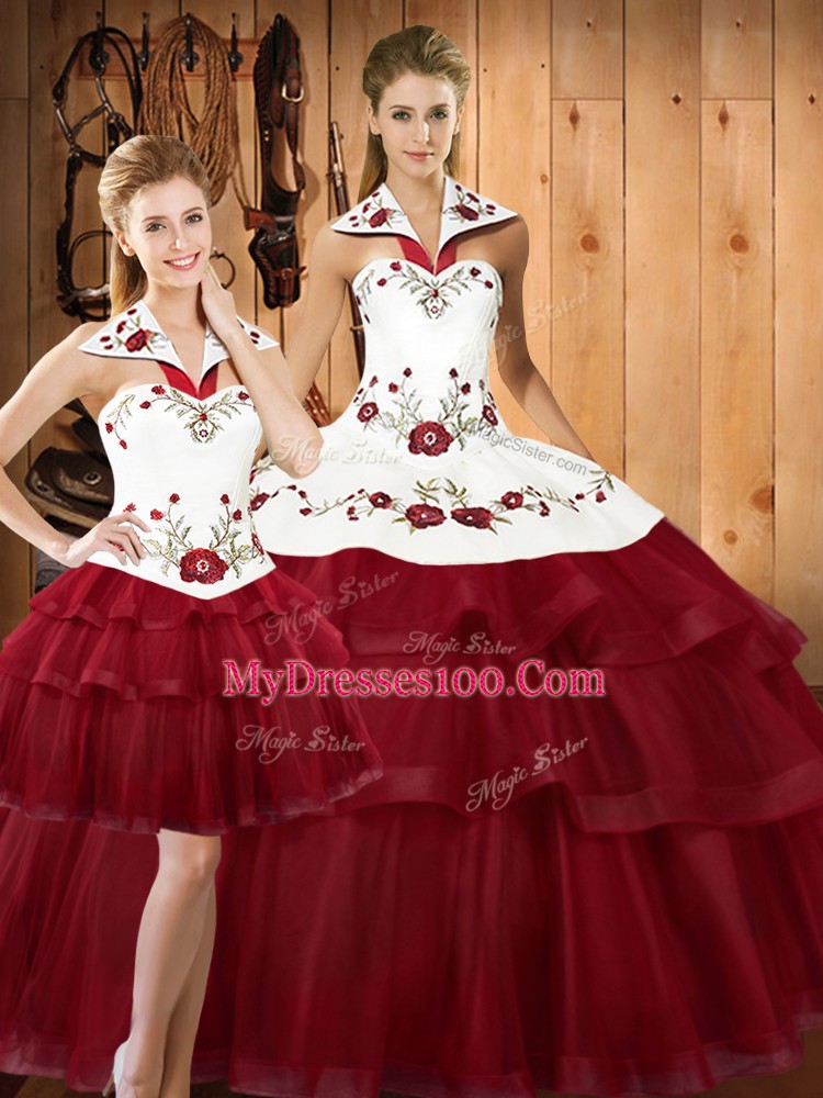 Halter Top Sleeveless Sweet 16 Quinceanera Dress With Train Sweep Train Embroidery and Ruffled Layers Wine Red Satin and Organza
