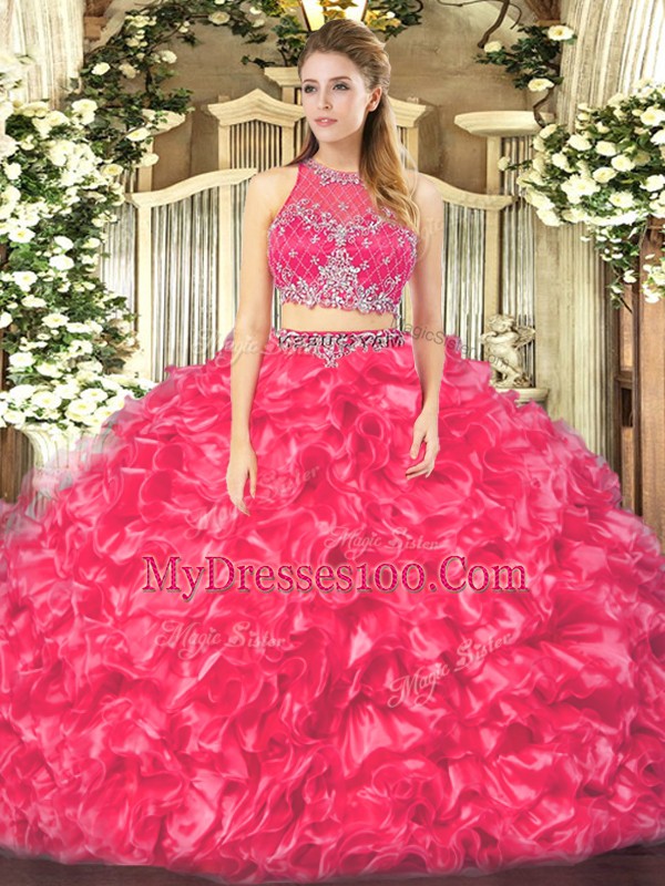 Luxury Coral Red Sleeveless Beading and Ruffles Floor Length Quinceanera Gowns