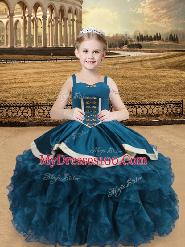 Teal Lace Up Straps Beading and Ruffles Pageant Gowns For Girls Organza and Taffeta Sleeveless