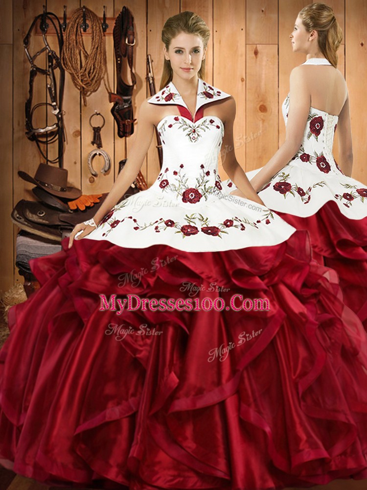 Colorful Wine Red Sleeveless Floor Length Embroidery and Ruffles Lace Up Quinceanera Gown