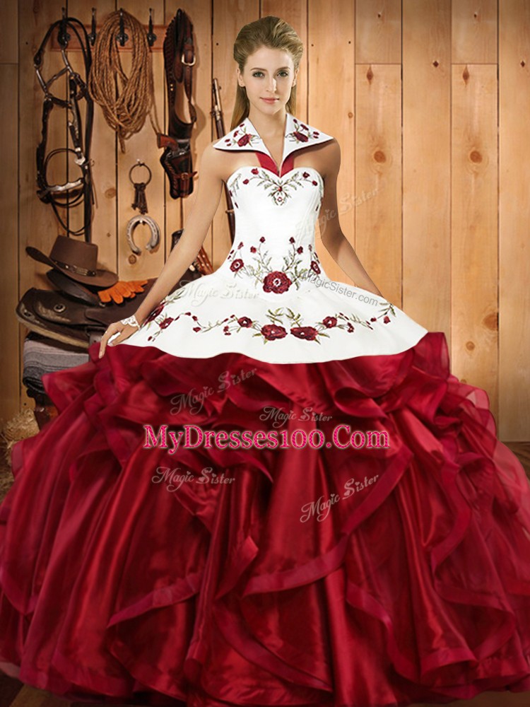 Colorful Wine Red Sleeveless Floor Length Embroidery and Ruffles Lace Up Quinceanera Gown