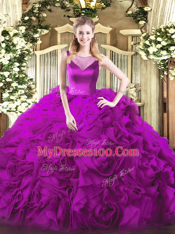 Luxurious Fuchsia Sleeveless Floor Length Beading Side Zipper Sweet 16 Dress