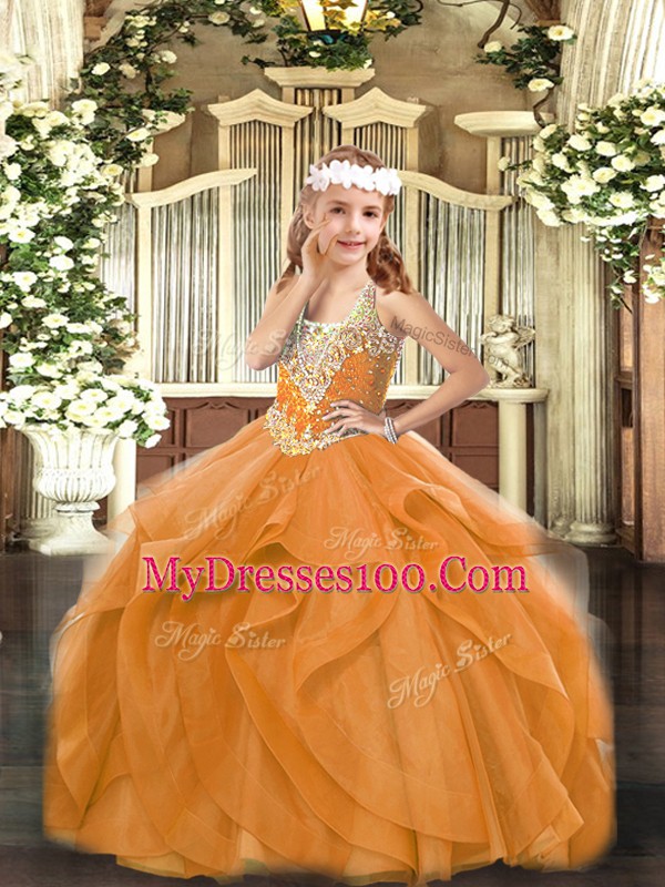 High Quality Floor Length Orange Red Little Girls Pageant Dress Wholesale V-neck Sleeveless Lace Up