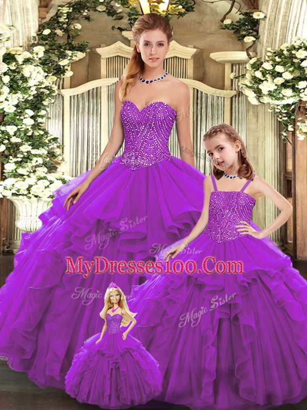 Vintage Floor Length Ball Gowns Sleeveless Eggplant Purple Quinceanera Gown Lace Up