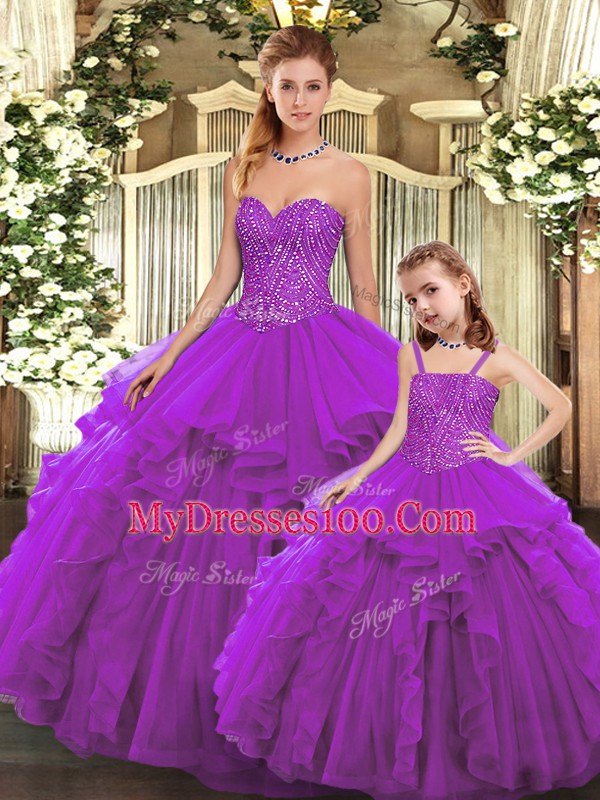 Vintage Floor Length Ball Gowns Sleeveless Eggplant Purple Quinceanera Gown Lace Up