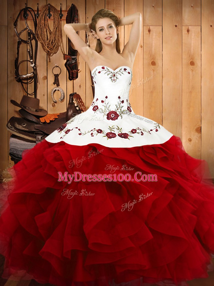 Suitable Wine Red Lace Up Ball Gown Prom Dress Embroidery and Ruffles Sleeveless Floor Length