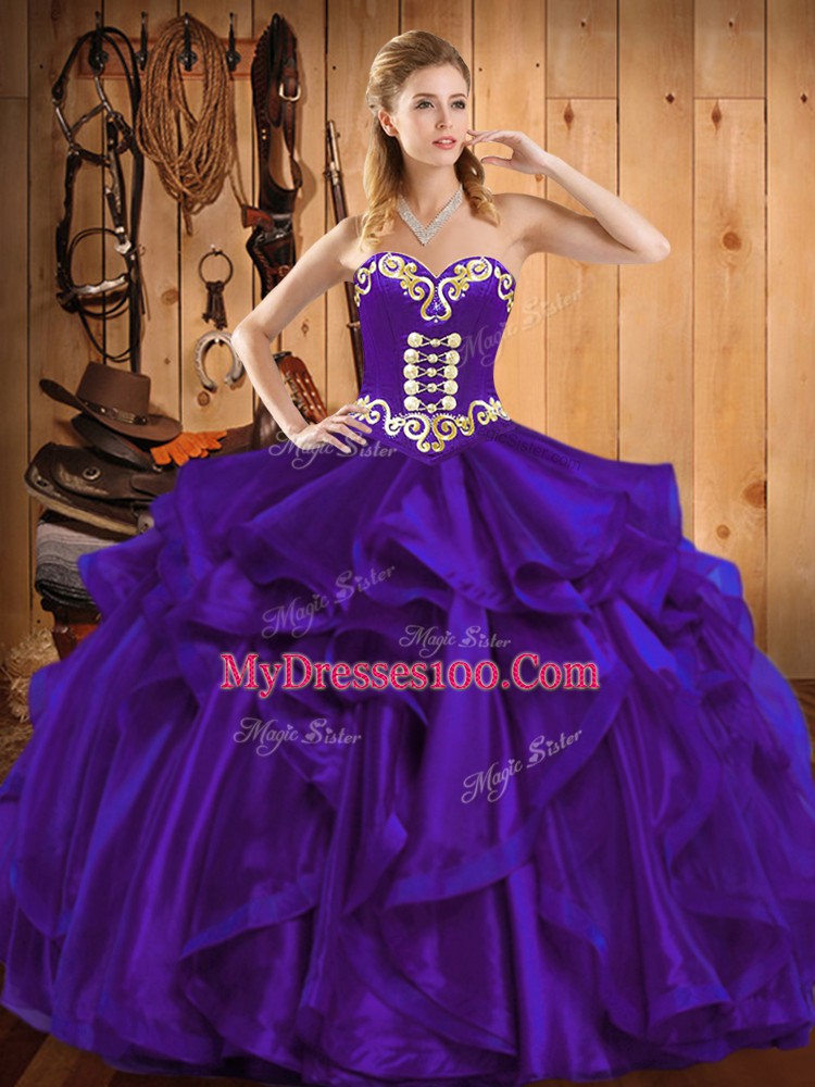 Excellent Sweetheart Sleeveless Lace Up 15 Quinceanera Dress Purple Organza
