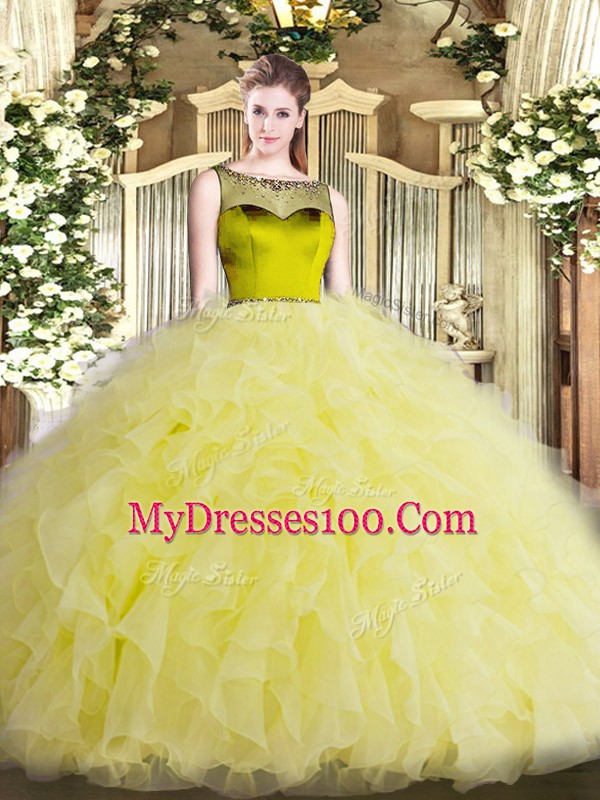 Beading and Ruffles Quinceanera Gown Yellow Zipper Sleeveless Floor Length