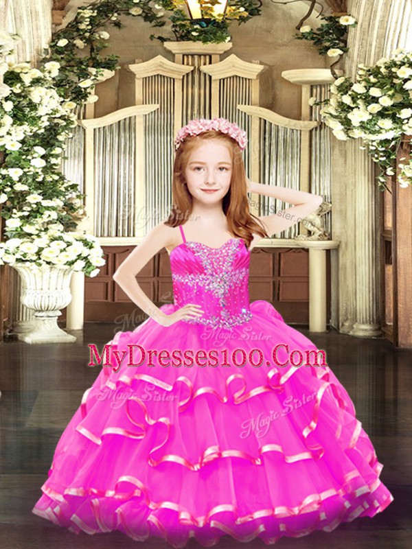 Hot Pink Organza Lace Up Spaghetti Straps Sleeveless Floor Length Girls Pageant Dresses Beading and Ruffled Layers