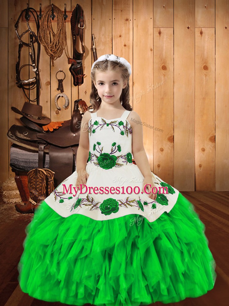Customized Green Organza Lace Up Straps Sleeveless Floor Length Little Girl Pageant Dress Embroidery and Ruffles