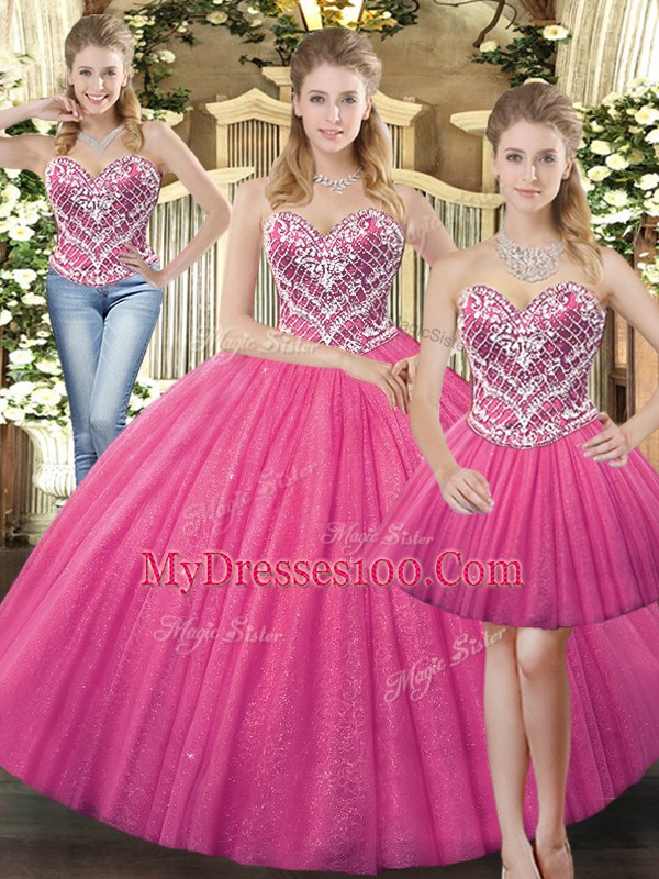 Enchanting Hot Pink Ball Gowns Beading Ball Gown Prom Dress Lace Up Tulle Sleeveless Floor Length