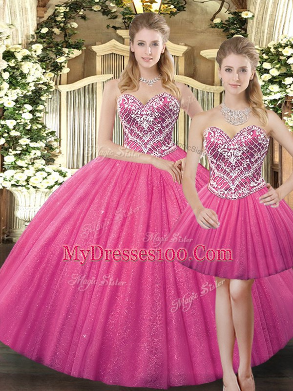 Enchanting Hot Pink Ball Gowns Beading Ball Gown Prom Dress Lace Up Tulle Sleeveless Floor Length