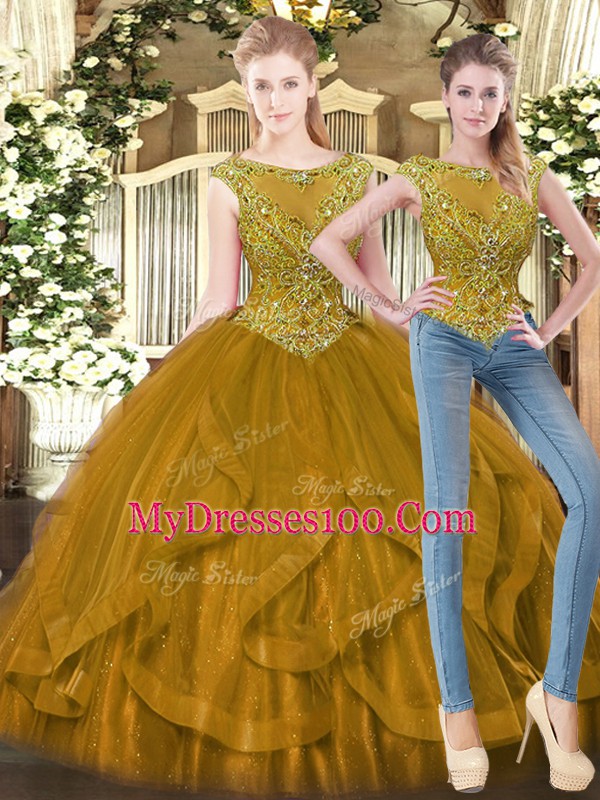 Sophisticated Scoop Sleeveless Quinceanera Gown Floor Length Beading and Ruffles Brown Tulle