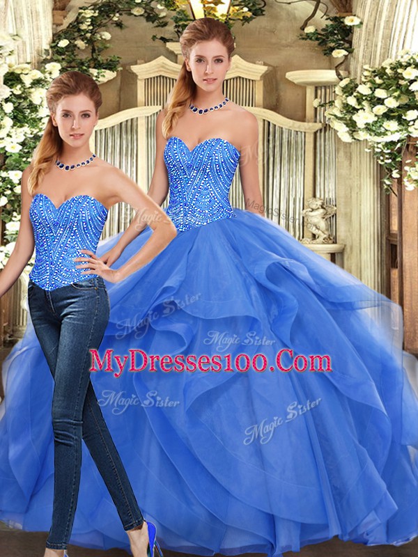 Floor Length Blue Ball Gown Prom Dress Sweetheart Sleeveless Lace Up