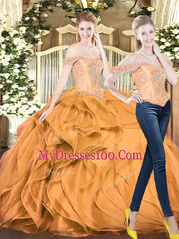 Orange Red Off The Shoulder Neckline Beading and Ruffles 15th Birthday Dress Sleeveless Lace Up