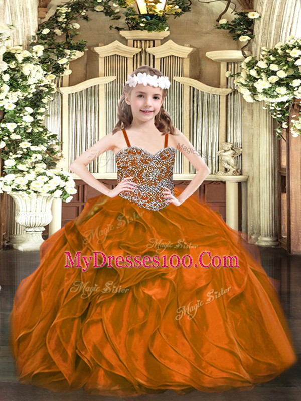 Rust Red Organza Lace Up Little Girls Pageant Gowns Sleeveless Floor Length Beading and Ruffles