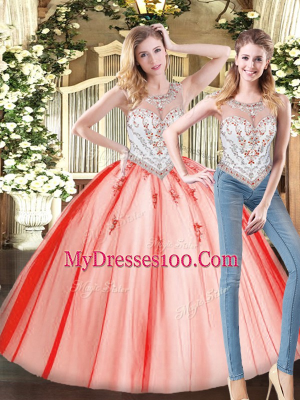 Red Sleeveless Floor Length Beading Zipper Sweet 16 Dresses