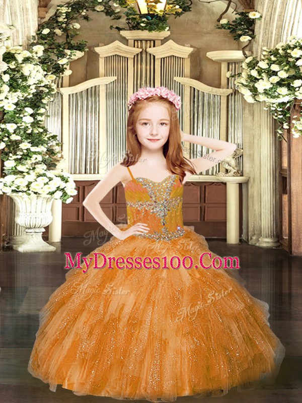 Spaghetti Straps Sleeveless Lace Up Kids Formal Wear Rust Red Tulle