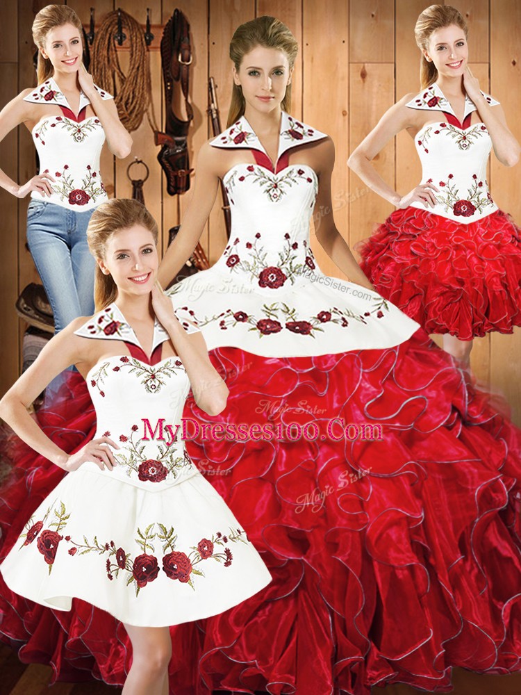 Sleeveless Lace Up Floor Length Embroidery and Ruffles Sweet 16 Dress