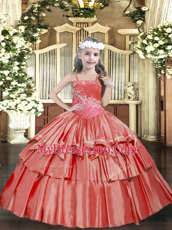 New Style Straps Sleeveless Lace Up Kids Pageant Dress Coral Red Organza