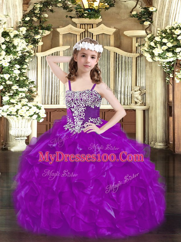 Purple Straps Neckline Beading and Ruffles Kids Pageant Dress Sleeveless Lace Up