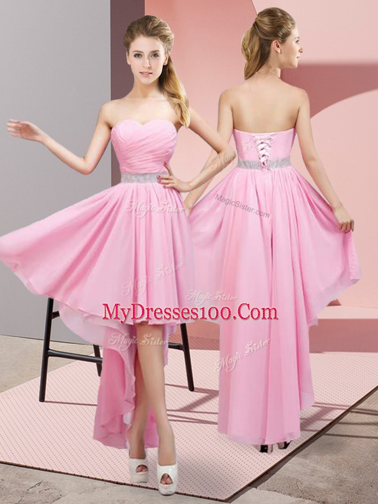 Graceful Pink Lace Up Sweetheart Beading Wedding Guest Dresses Chiffon Sleeveless