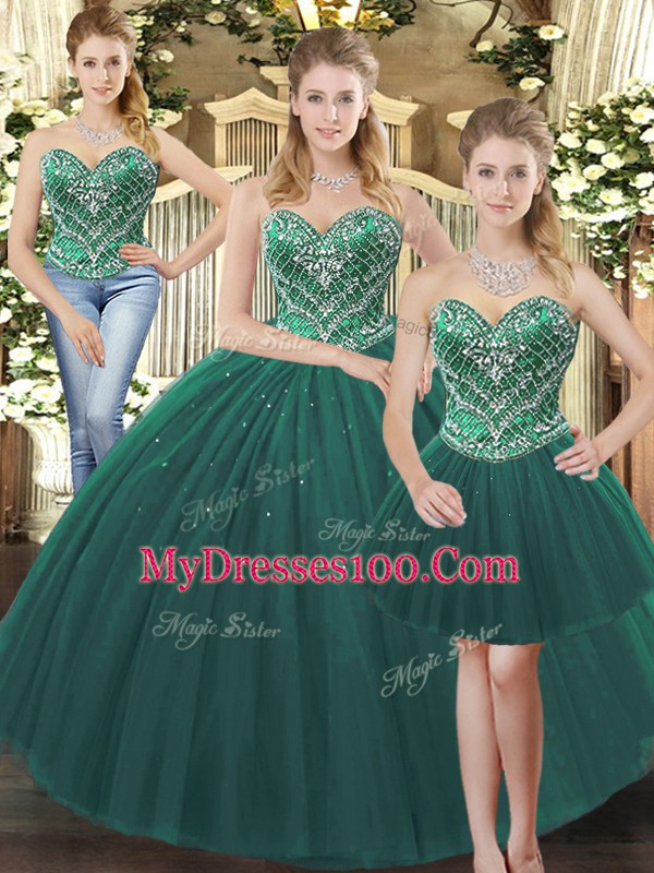 Dark Green 15 Quinceanera Dress Military Ball and Sweet 16 and Quinceanera with Beading Sweetheart Sleeveless Lace Up