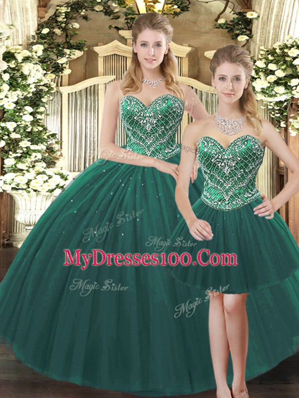 Dark Green 15 Quinceanera Dress Military Ball and Sweet 16 and Quinceanera with Beading Sweetheart Sleeveless Lace Up