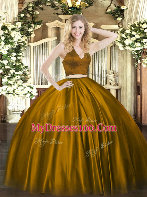 Shining Halter Top Sleeveless Sweet 16 Quinceanera Dress Floor Length Ruching Brown Satin