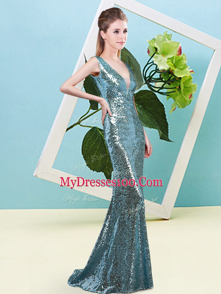 Glamorous V-neck Sleeveless Zipper Prom Party Dress Teal Sequined