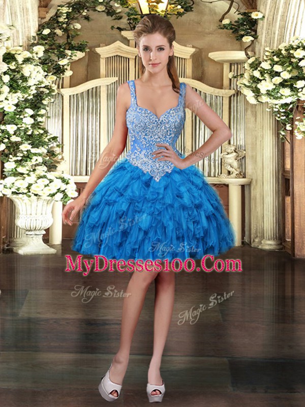 Chic Mini Length Blue Organza Sleeveless Beading and Ruffles