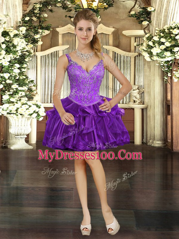 Mini Length Purple Organza Sleeveless Beading and Ruffles