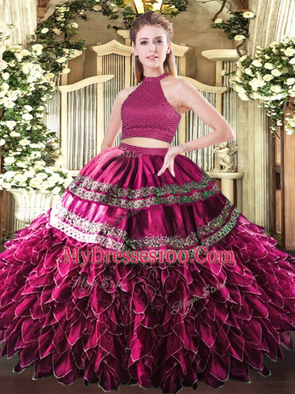 Shining Fuchsia Sleeveless Embroidery and Ruffles Floor Length 15 Quinceanera Dress