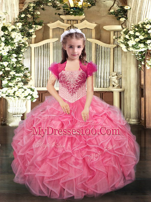 Coral Red Straps Lace Up Beading and Ruffles Pageant Dress for Teens Sleeveless