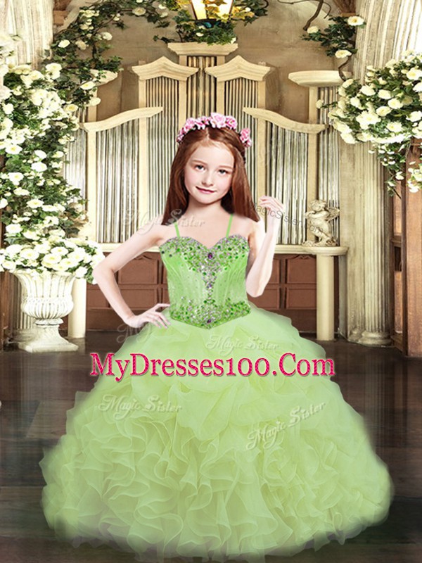 Cheap Beading and Ruffles and Pick Ups Pageant Gowns For Girls Yellow Green Lace Up Sleeveless Floor Length
