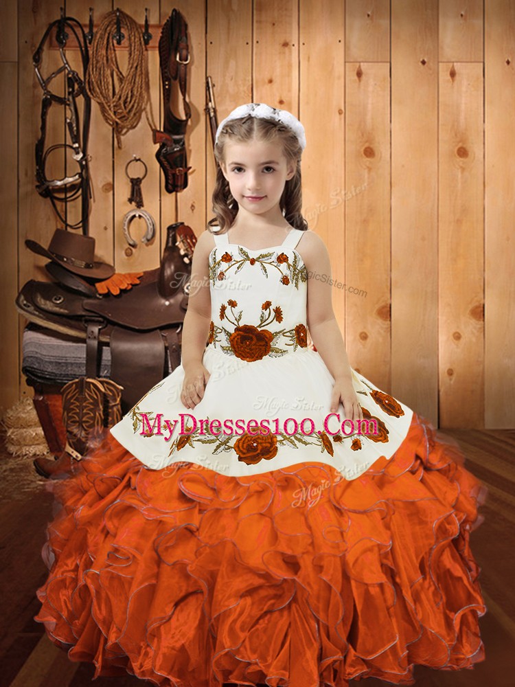 Straps Sleeveless Pageant Dress for Teens Floor Length Embroidery and Ruffles Orange Red Organza