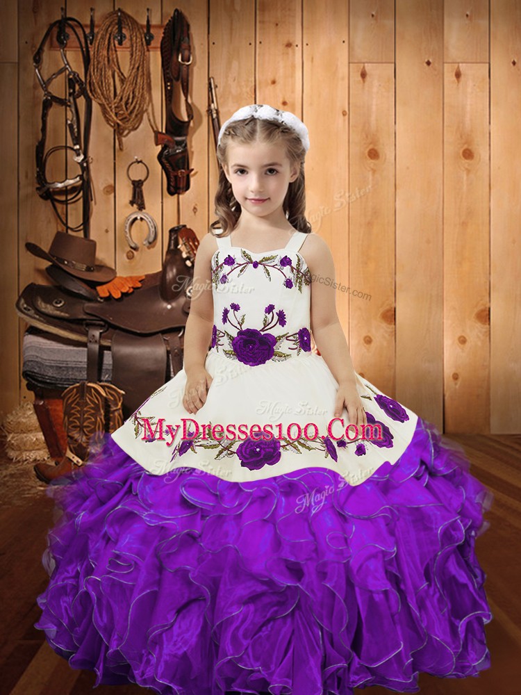 Luxurious Eggplant Purple Ball Gowns Organza Straps Sleeveless Embroidery and Ruffles Floor Length Lace Up Pageant Dress for Womens