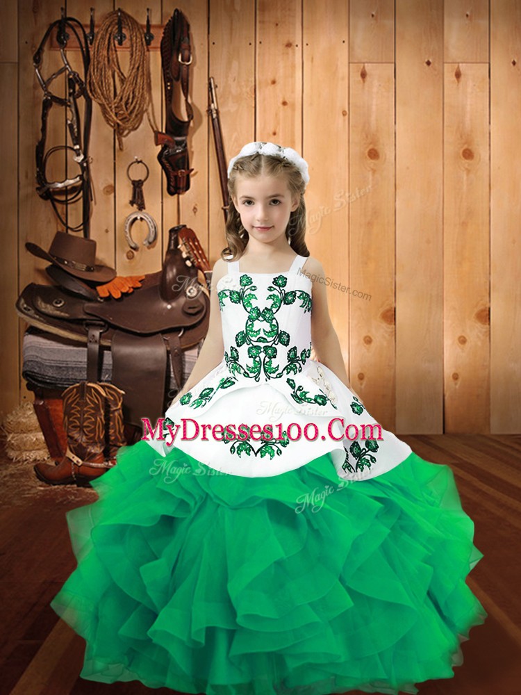 Most Popular Turquoise Ball Gowns Organza Straps Sleeveless Embroidery and Ruffles Floor Length Lace Up Kids Formal Wear