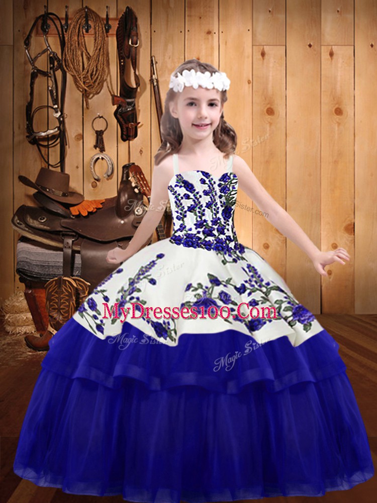 Purple Ball Gowns Embroidery Little Girl Pageant Gowns Lace Up Organza Sleeveless Floor Length