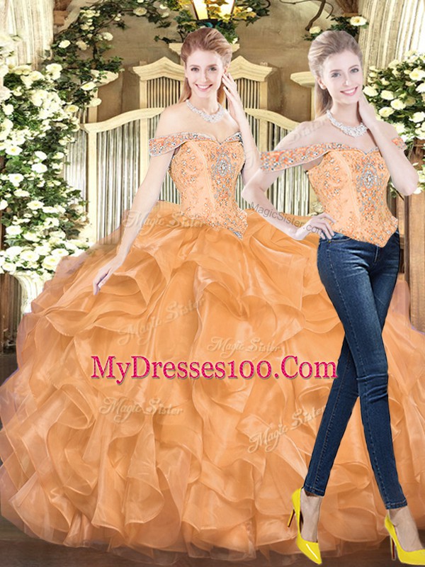 Graceful Orange Red Lace Up Off The Shoulder Beading and Ruffles Quinceanera Gowns Organza Sleeveless