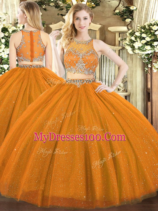 Vintage Rust Red Two Pieces Beading Quinceanera Dresses Zipper Tulle Sleeveless Floor Length