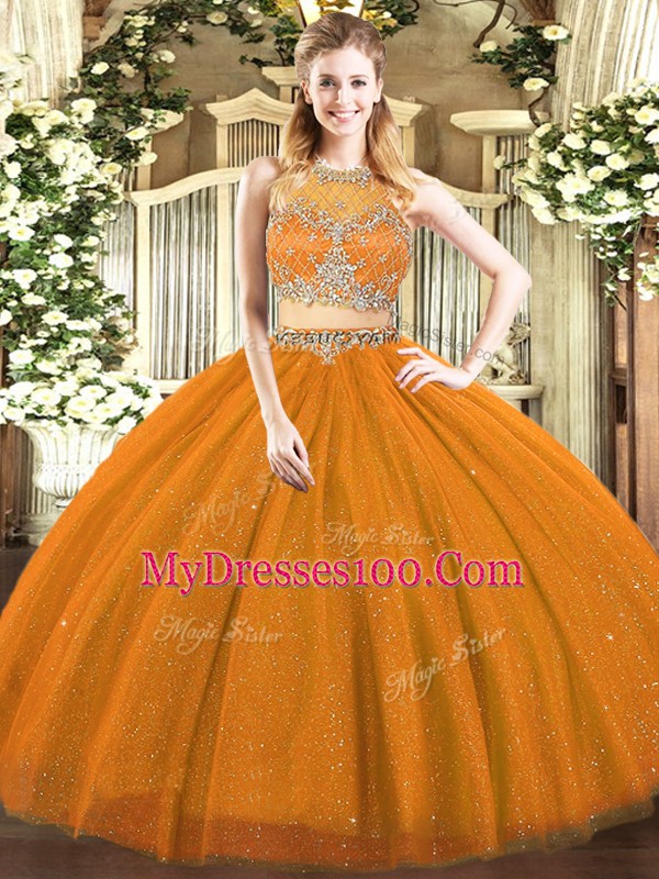 Vintage Rust Red Two Pieces Beading Quinceanera Dresses Zipper Tulle Sleeveless Floor Length