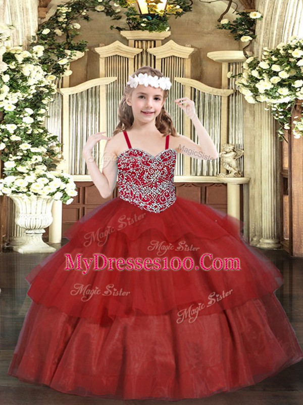 Beautiful Wine Red Straps Lace Up Beading and Ruffled Layers Child Pageant Dress Sleeveless
