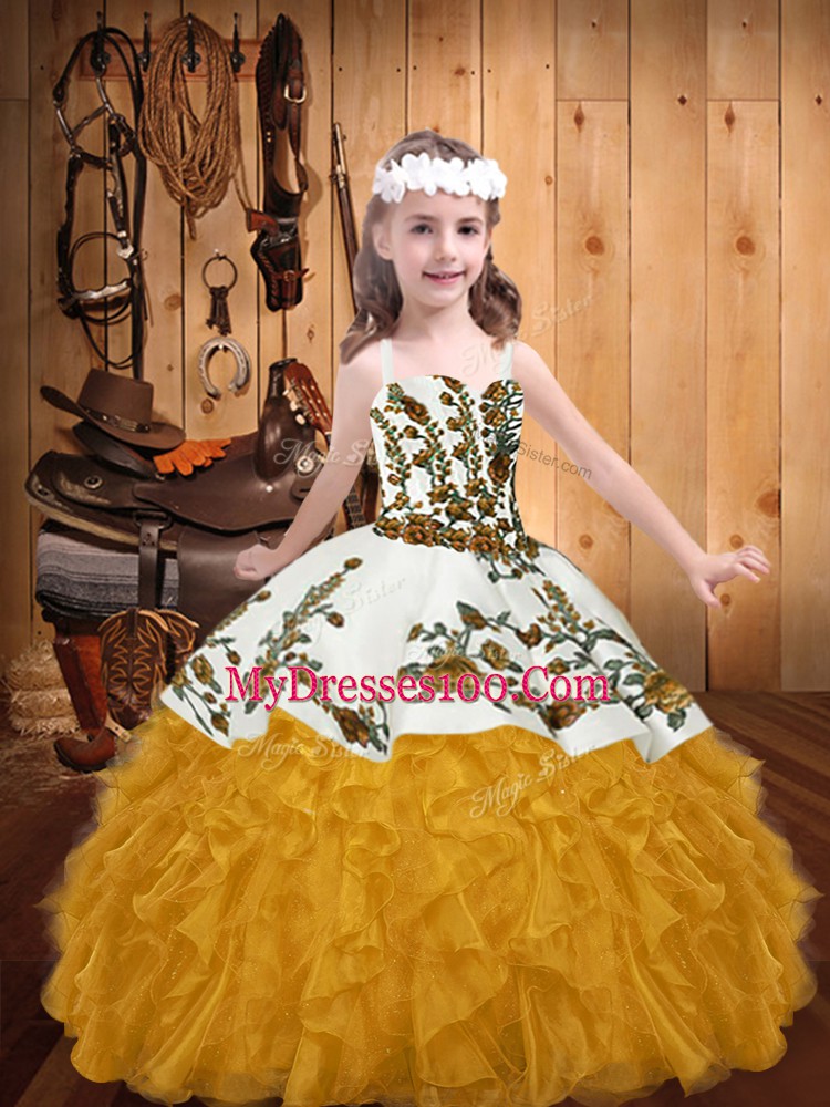 Custom Designed Gold Straps Lace Up Embroidery and Ruffles Pageant Gowns For Girls Sleeveless