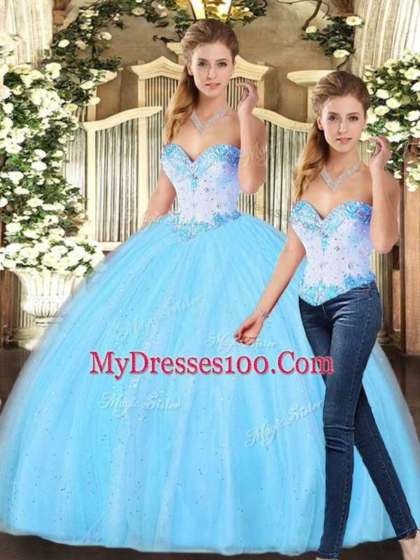 Top Selling Baby Blue Two Pieces Sweetheart Sleeveless Tulle Floor Length Lace Up Beading 15 Quinceanera Dress